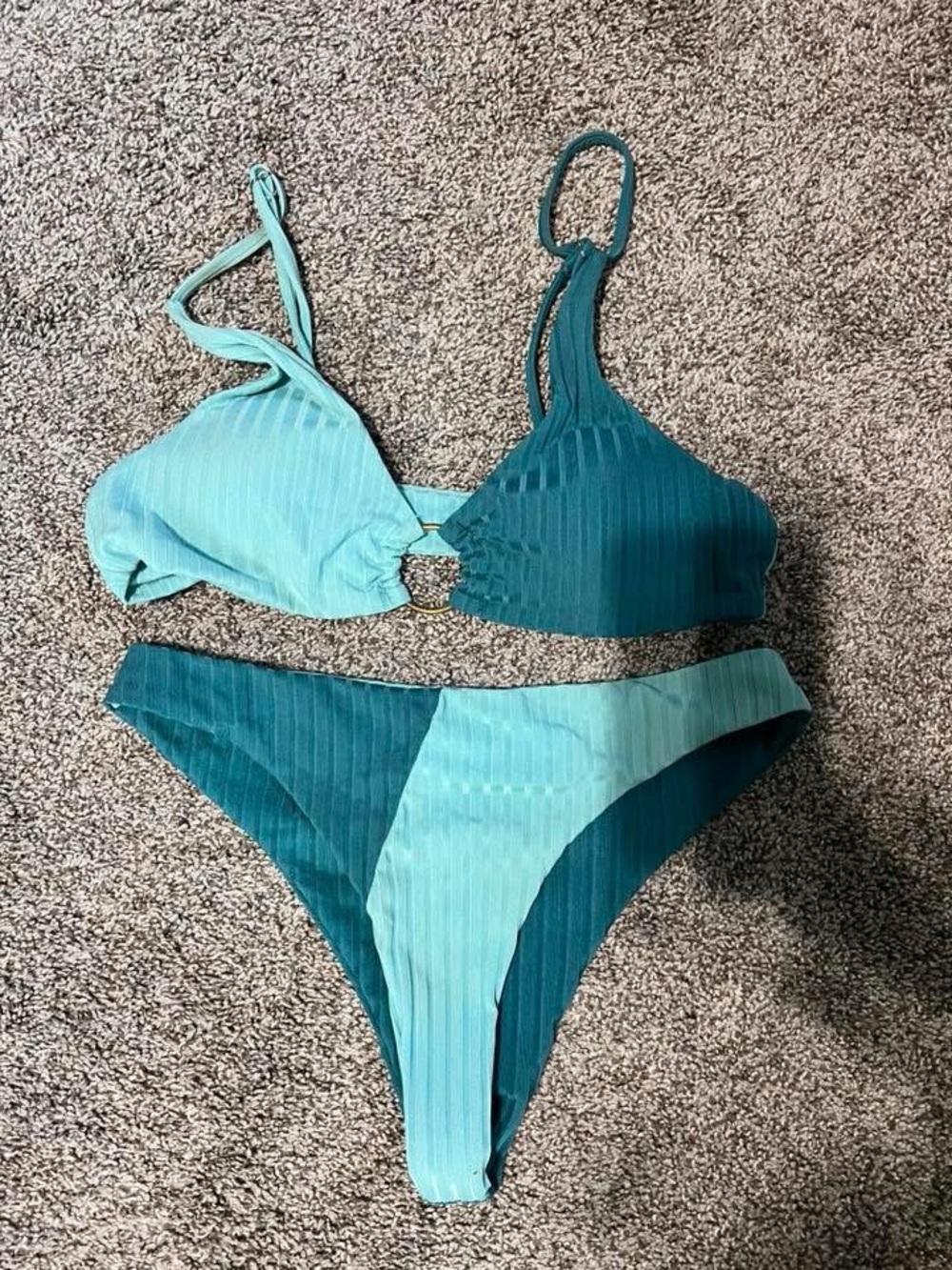 SHEIN Two-Tone Teal Ribbed Ring Bikini Set